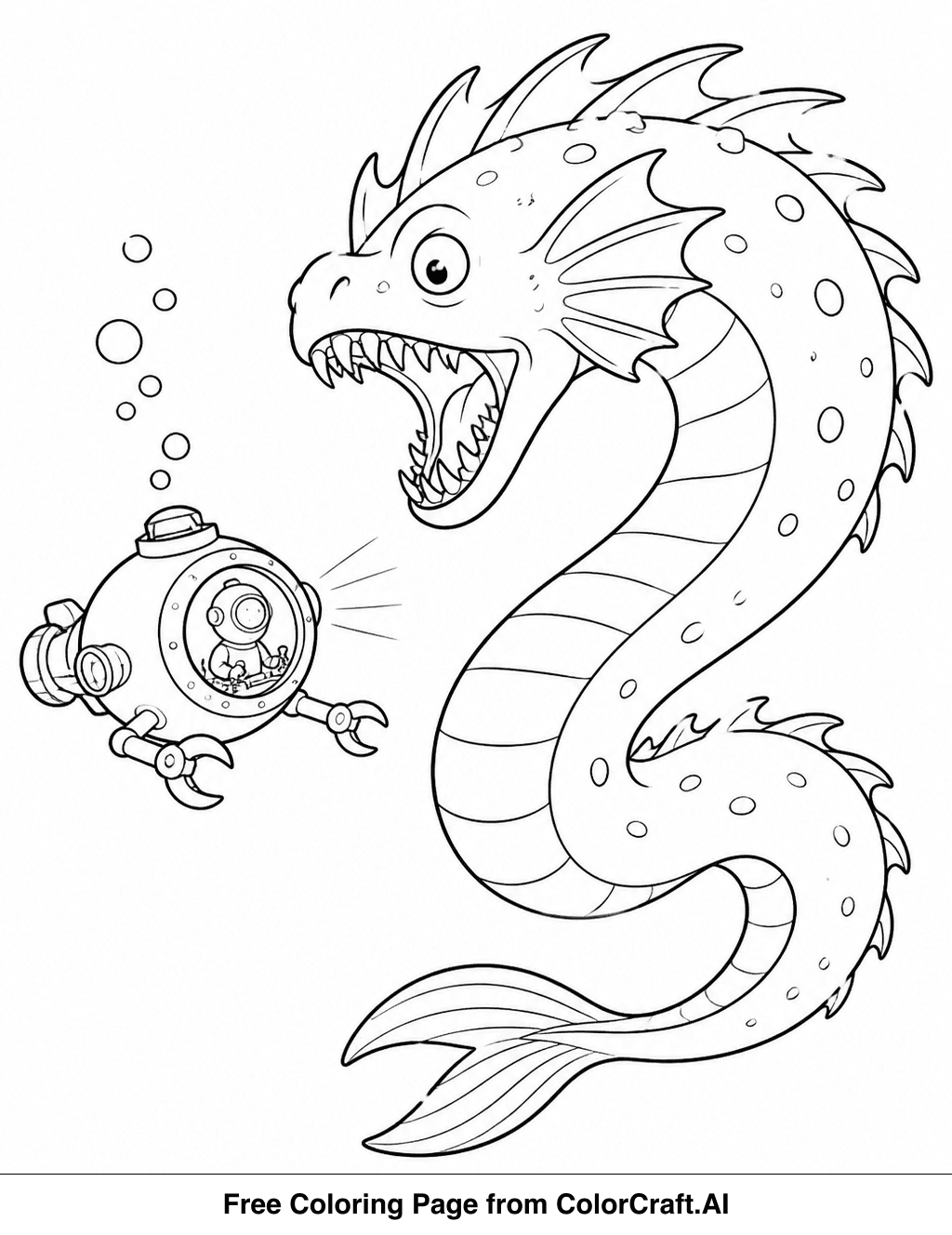 Line drawing of a friendly, large sea monster with many tentacles exploring the deep ocean.