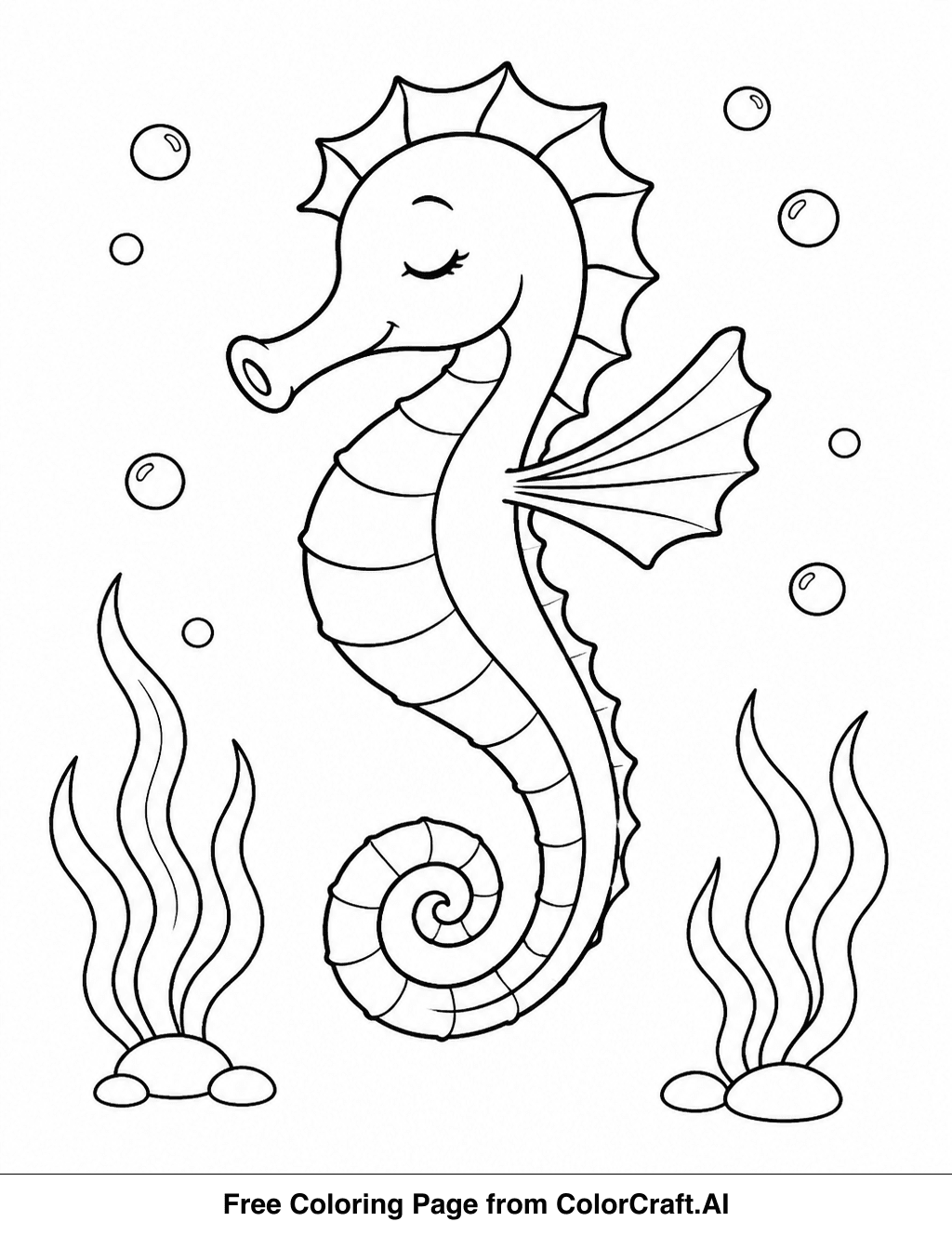 Line drawing of a seahorse performing an elegant underwater dance amidst ocean flora.