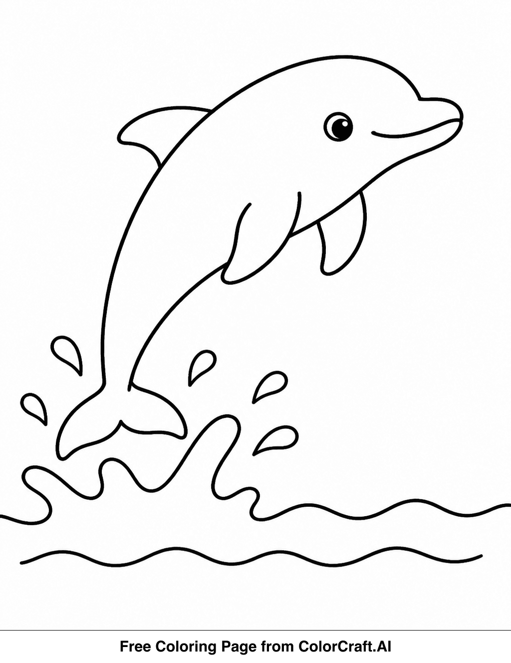 Line drawing of a happy dolphin jumping high out of the ocean waves.