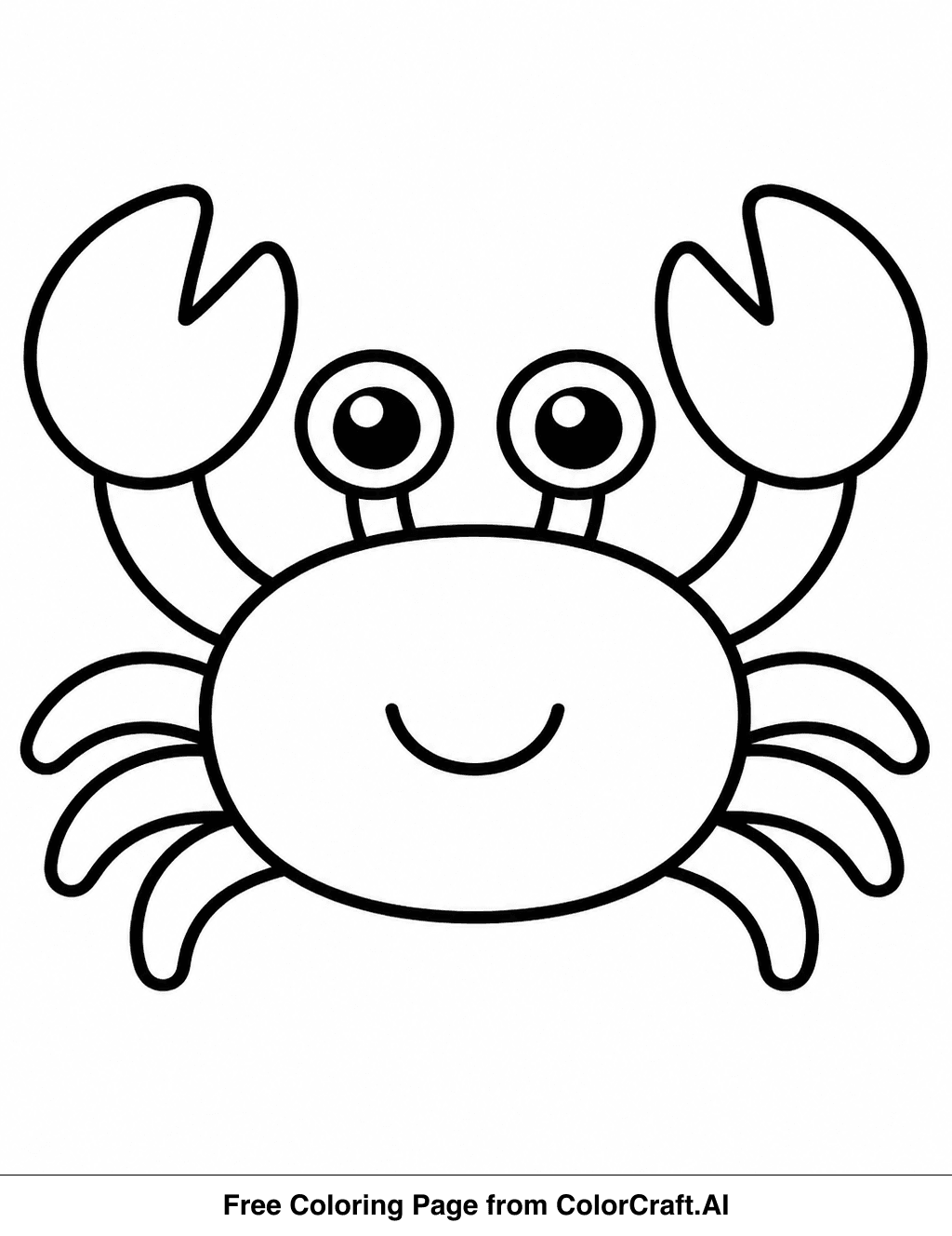 Line drawing of a happy crab with big eyes and claws, ready to be colored.