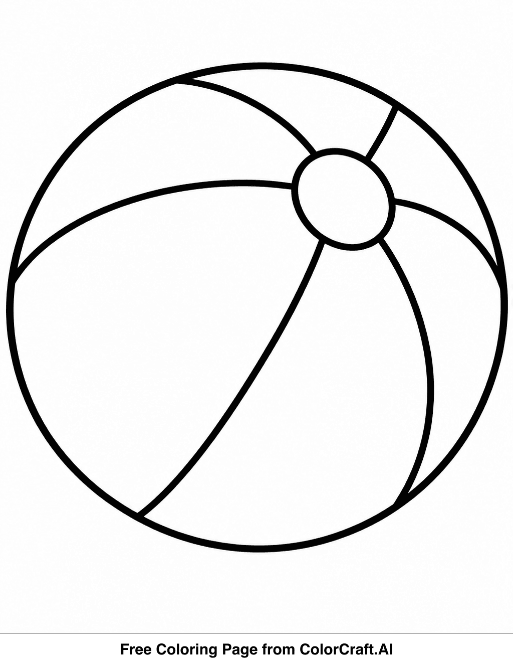 Line drawing of a round beach ball with simple patterns, waiting to be colored.