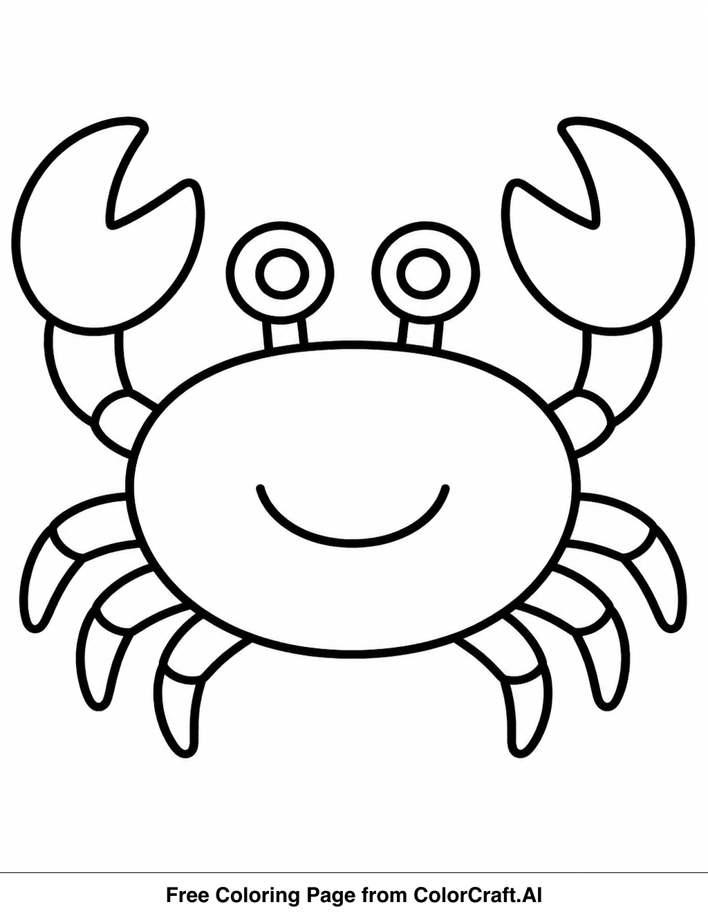 Line drawing of a happy crab with big eyes and claws, suitable for coloring.