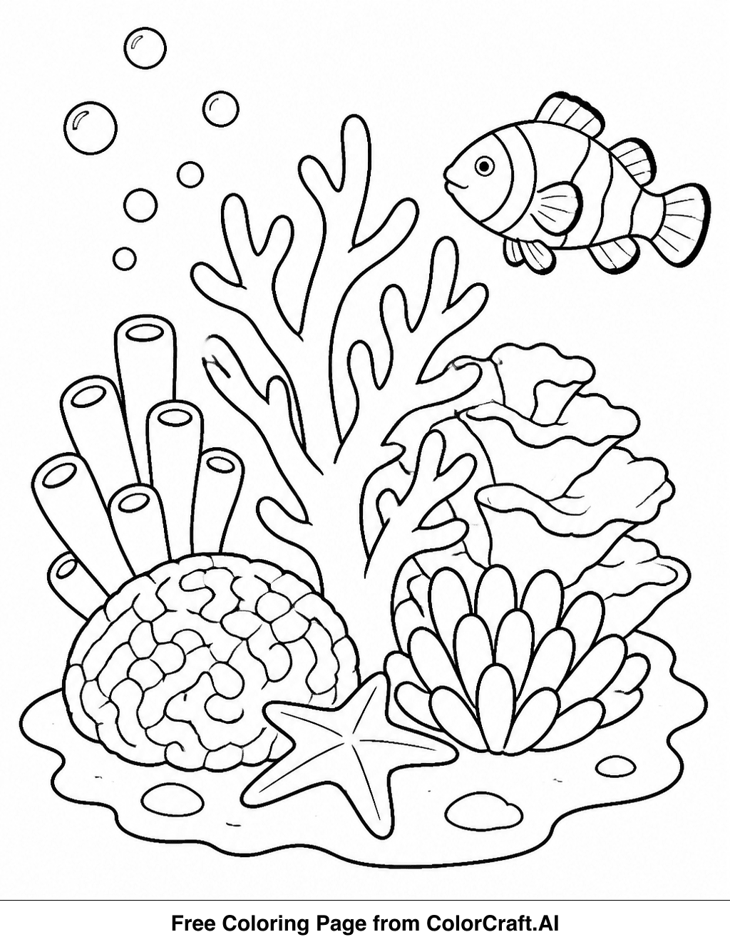 Line drawing of a detailed coral reef with various sea creatures swimming around.