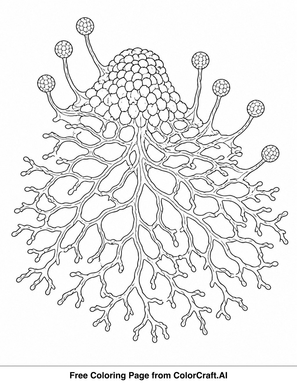Line drawing of a complex, organic slime mold pattern with intricate details and branching forms.