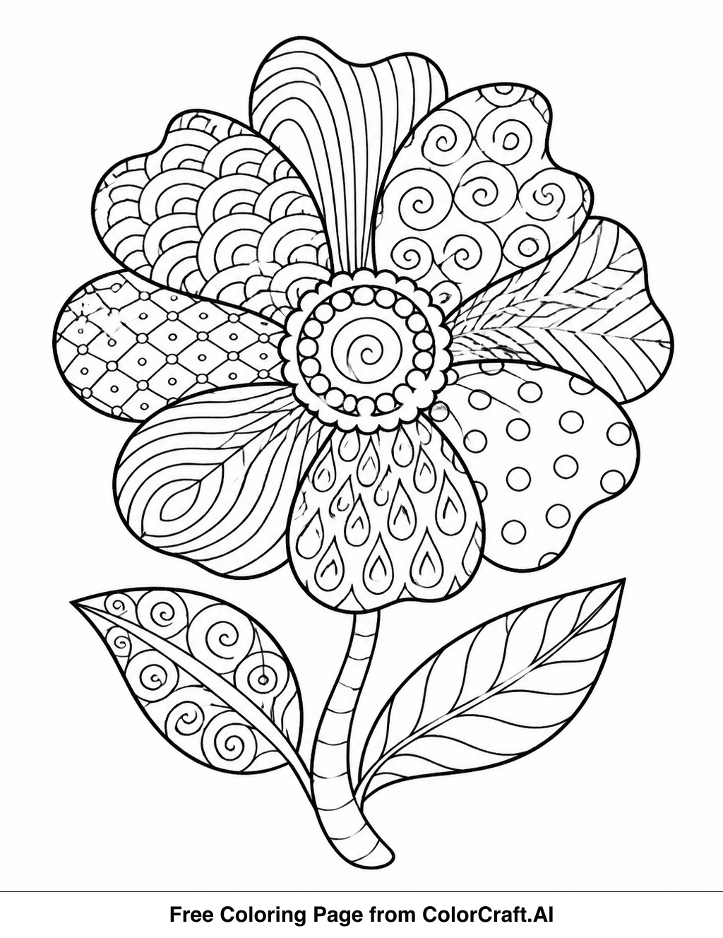 Line art drawing of a zentangle floral bloom with many intricate patterns and swirling lines.