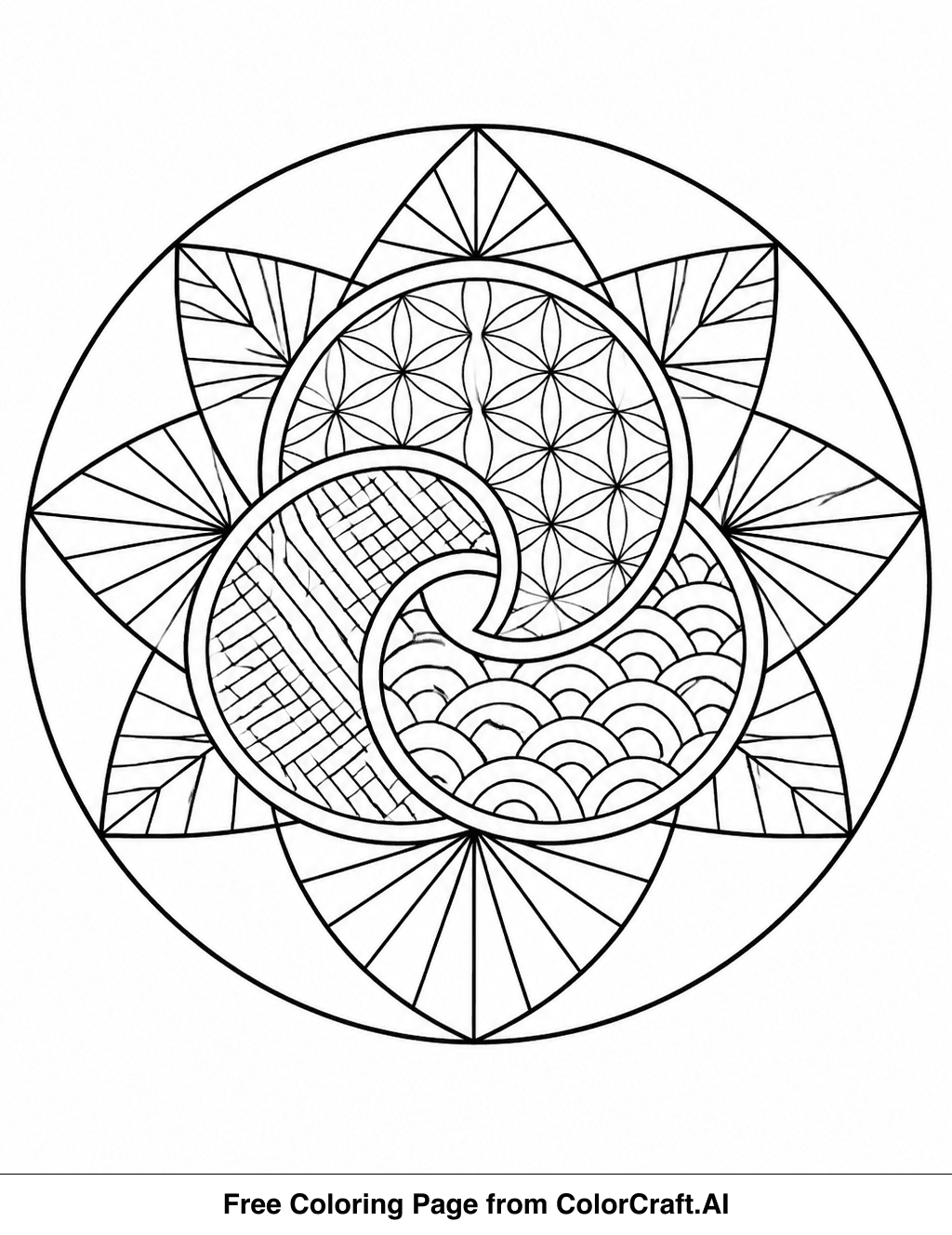 A complex line drawing of a zentangle pattern featuring interlocking geometric shapes and organic swirls.