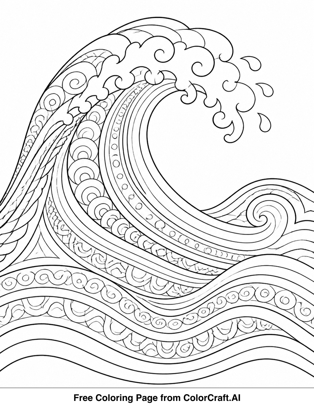 Line drawing of abstract zentangle patterns forming the shape of flowing ocean waves.