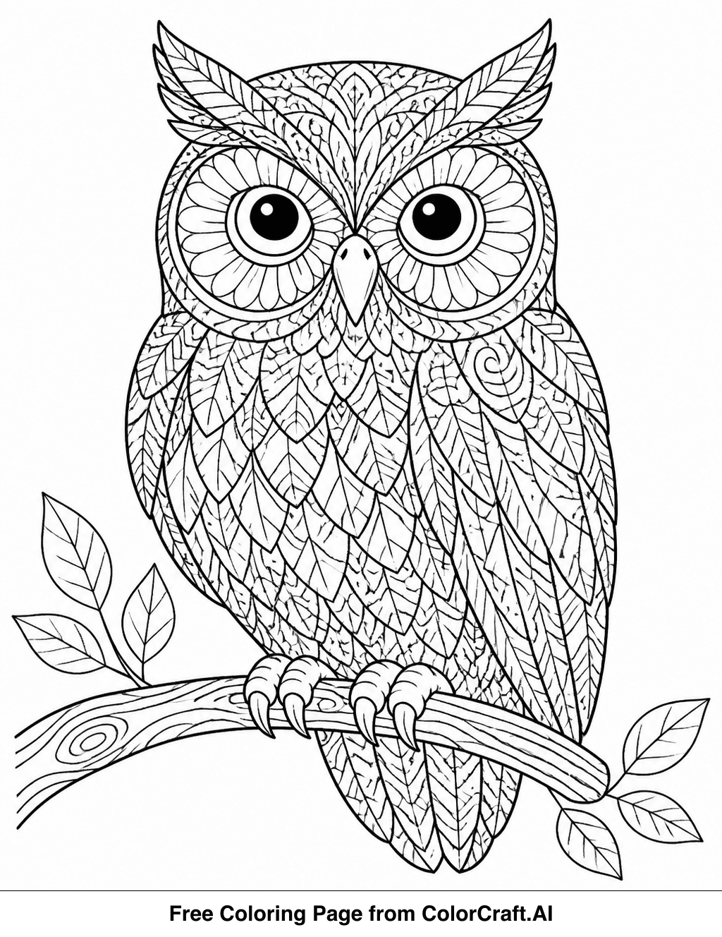 Line art drawing of a zentangle owl with complex geometric patterns, perfect for coloring.