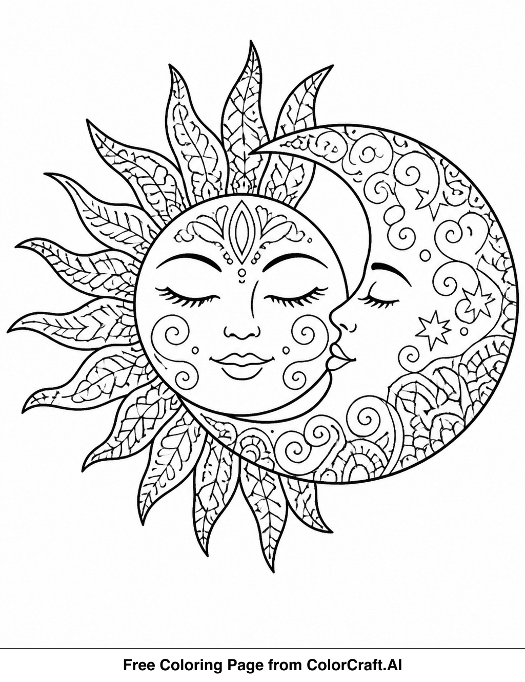 Line drawing of a zentangle sun and moon pattern with detailed geometric shapes.