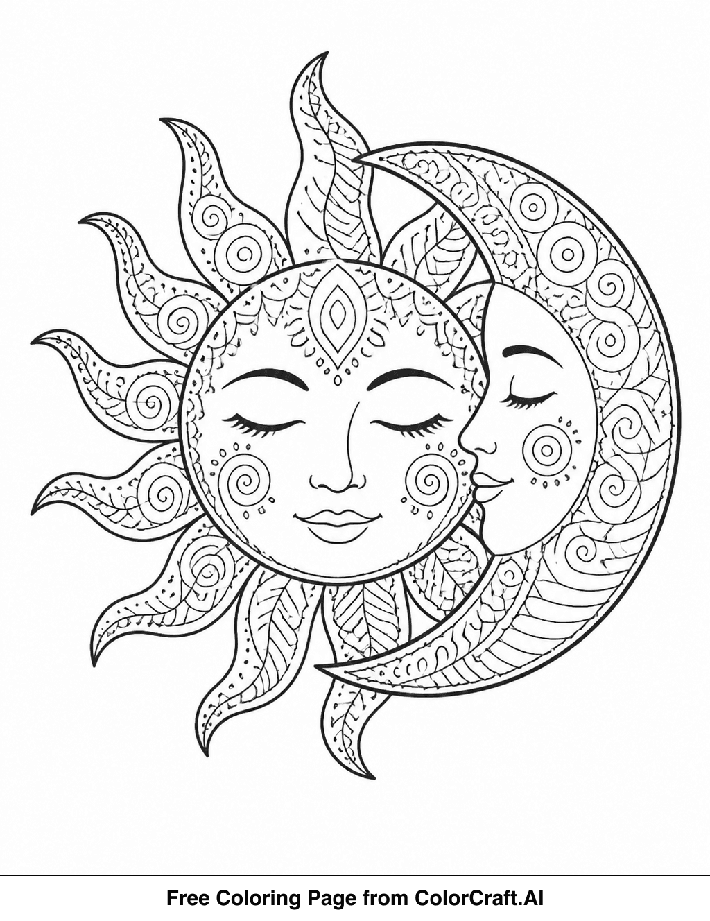 Line art drawing of a zentangle sun and moon pattern, detailed with geometric shapes and swirling lines.
