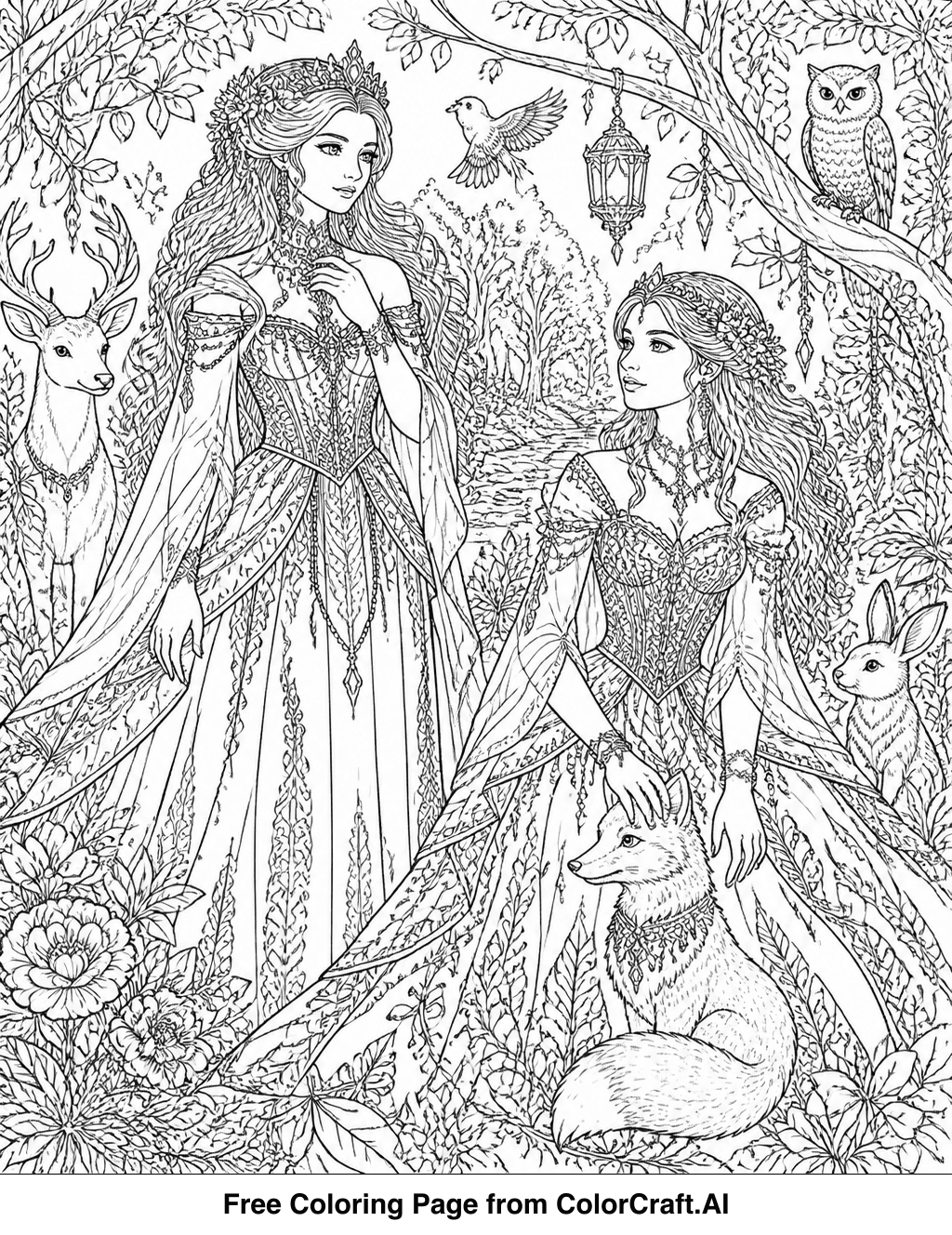 Line drawing of two enchanted forest princesses standing together in a detailed woodland scene.