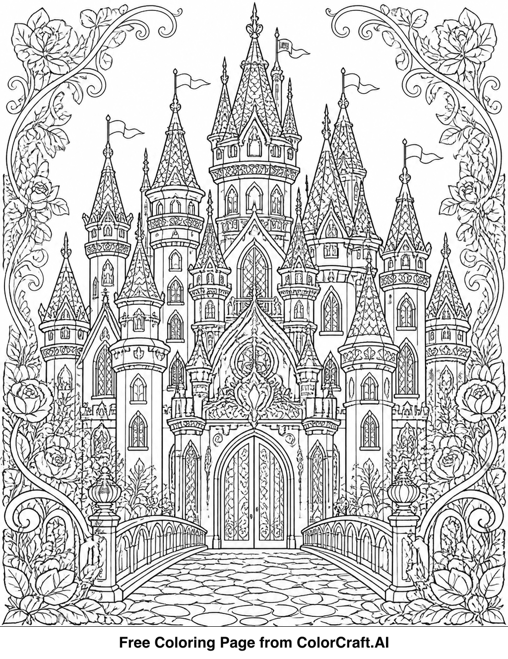 Intricate line drawing of a large princess castle with multiple towers and decorative elements for coloring.