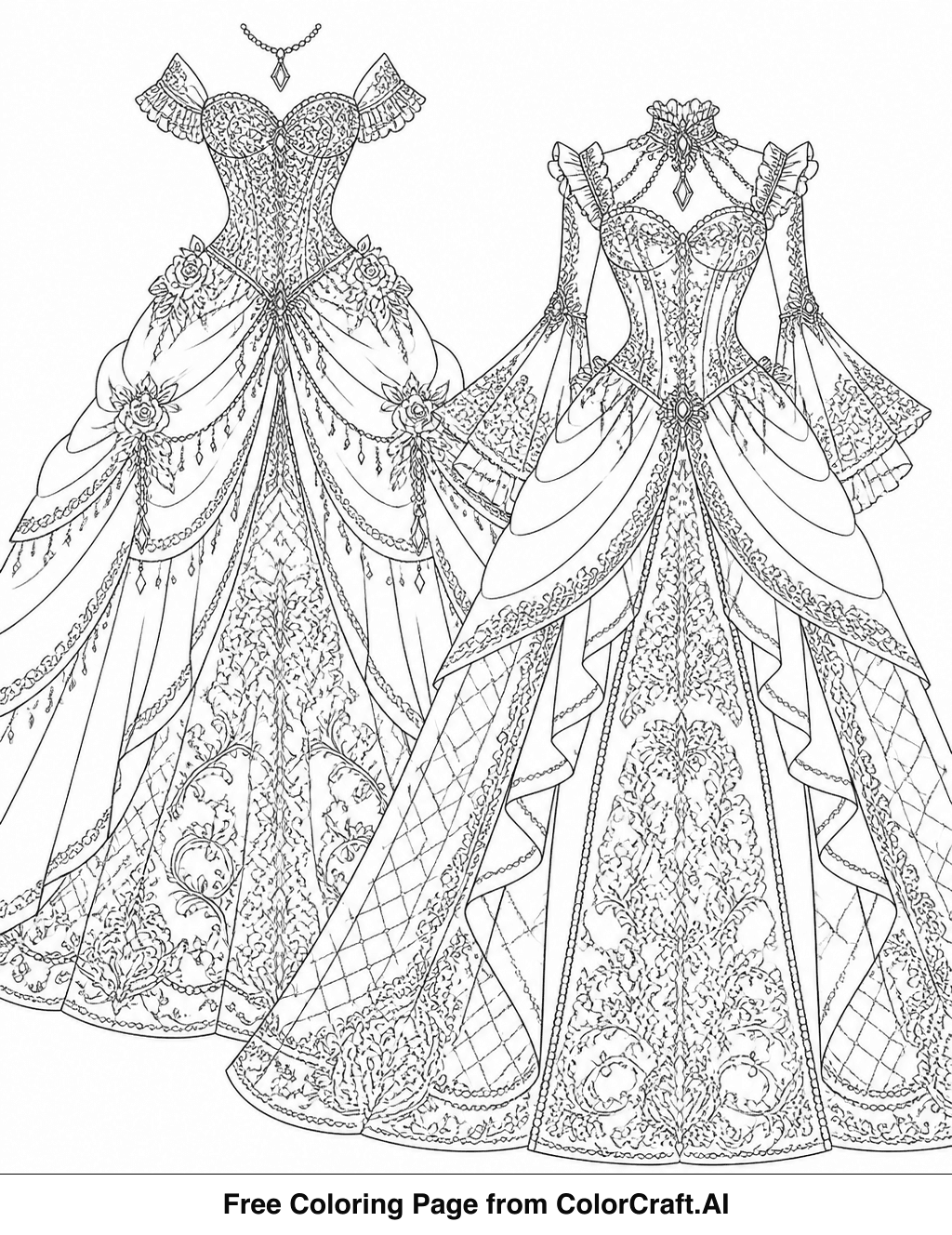 Line drawing of multiple ornate princess gown designs with intricate details for coloring.