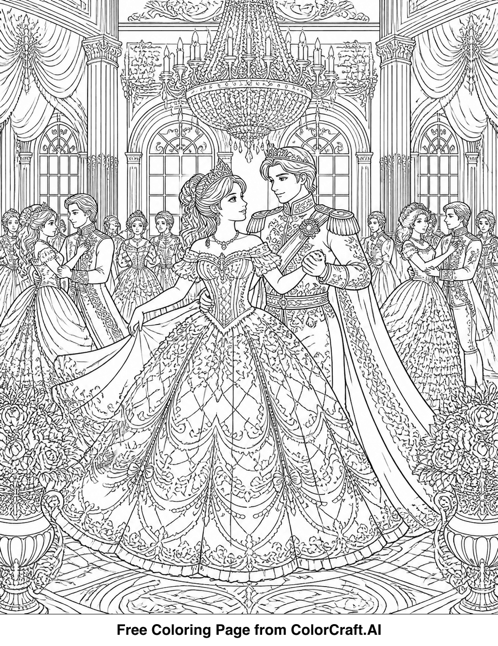 Intricate line drawing of a princess at a royal ball, with detailed gowns and ornate ballroom setting.