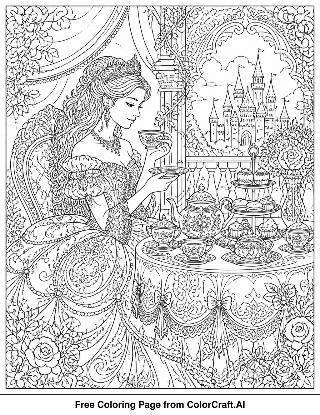 Line drawing of a princess and friends enjoying a tea party with cakes and teapots.