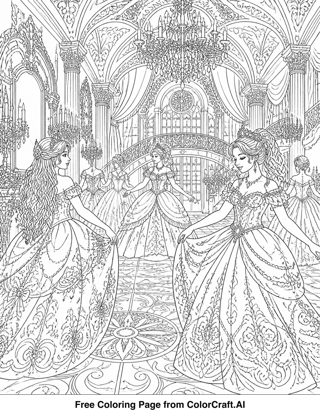 Line drawing of a beautiful princess standing in an ornate ballroom, ready for a royal event.