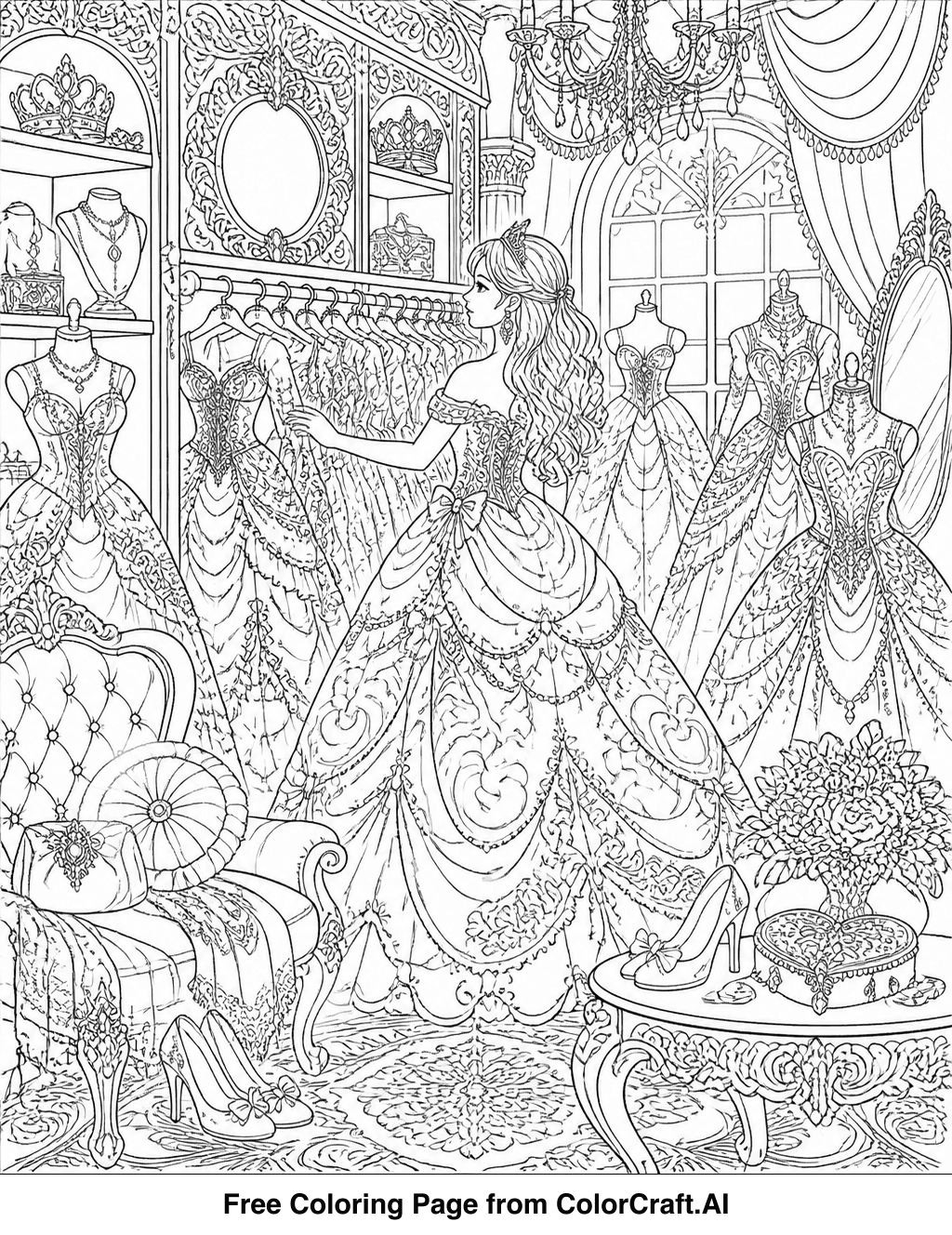 Line drawing of a princess fashion boutique scene with dresses and accessories for coloring.