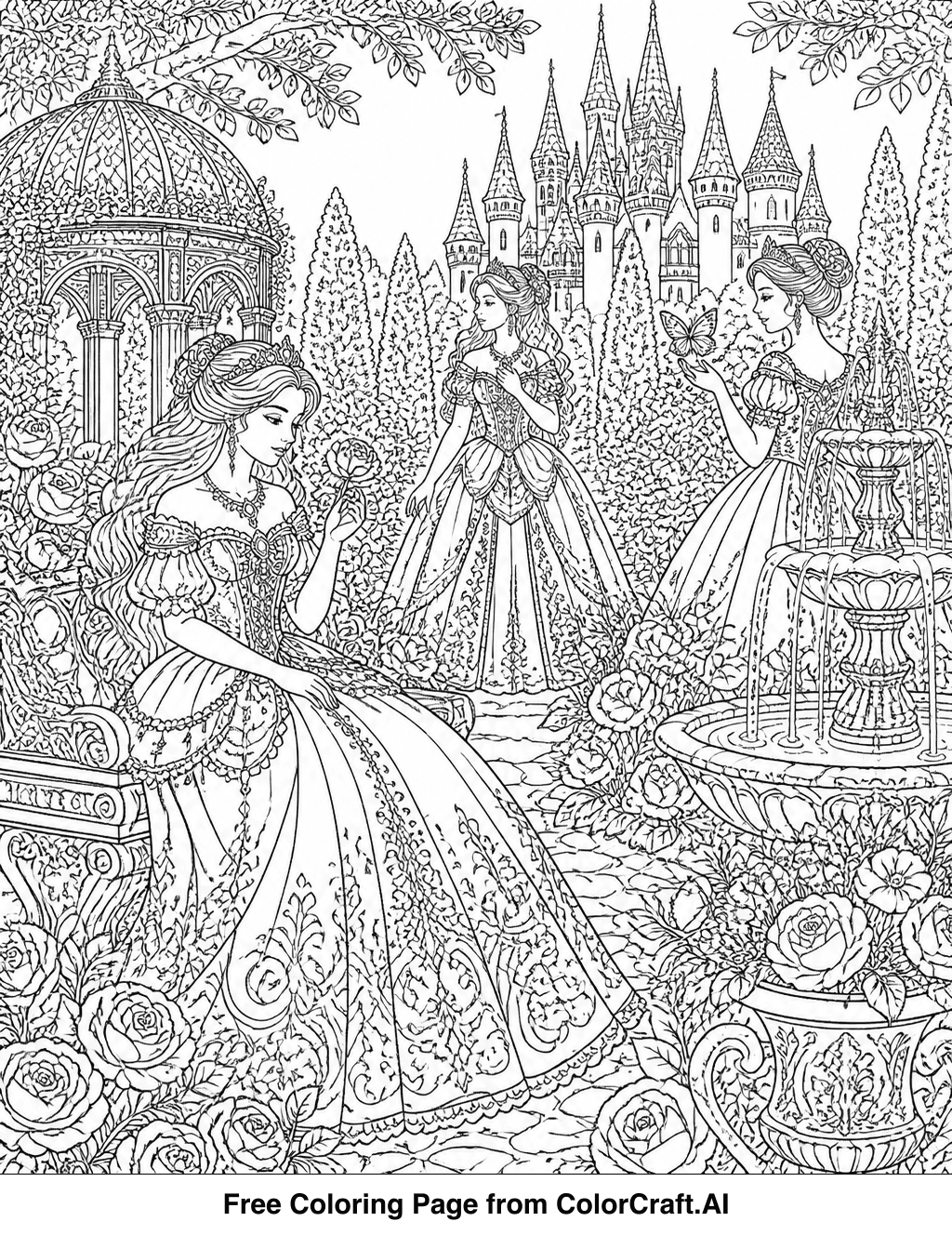 Line drawing of a beautiful princess standing in a detailed garden with flowers, butterflies, and a small animal.