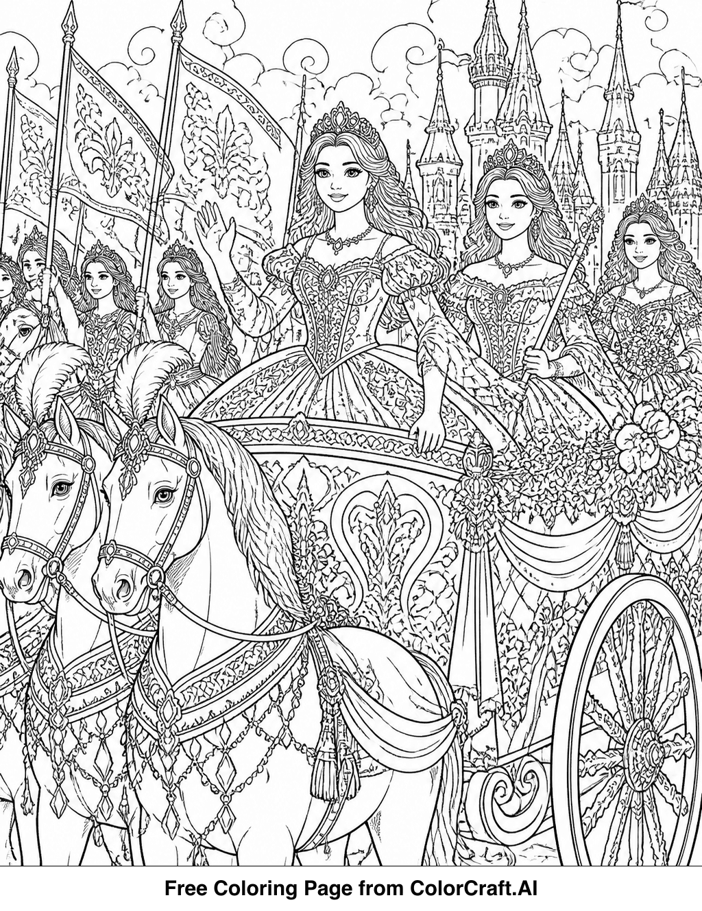 Line drawing of several princesses in ornate dresses walking in a parade, with decorative elements.