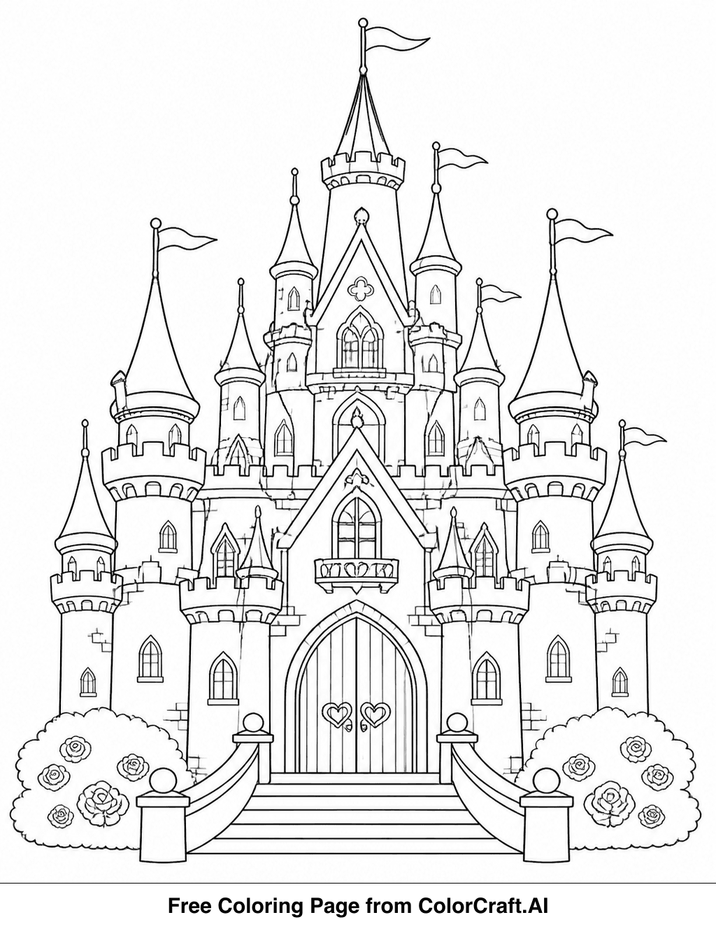Detailed line drawing of a large princess castle with many windows, turrets, and flags.