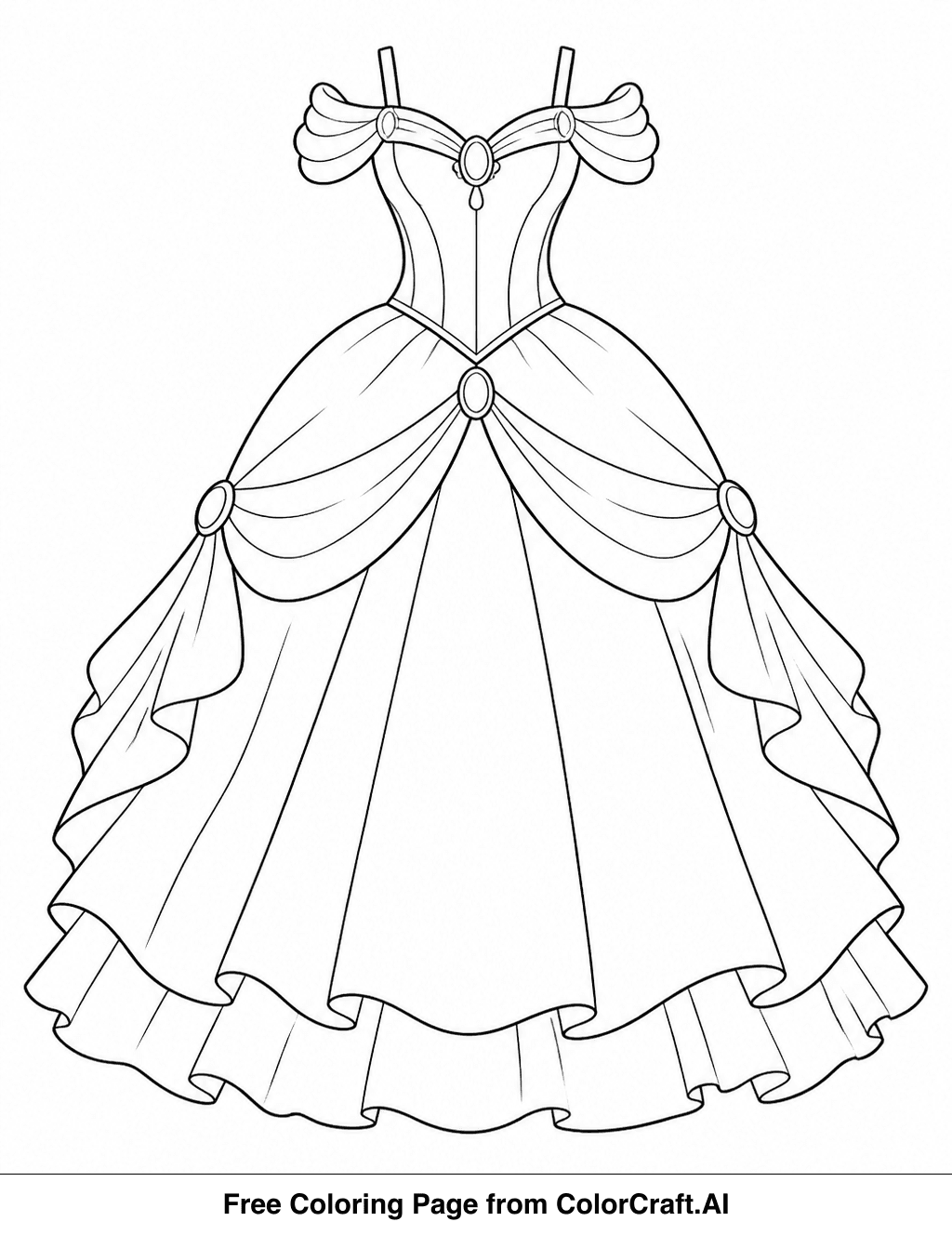 Line drawing of a blank princess gown outline with decorative elements for coloring.