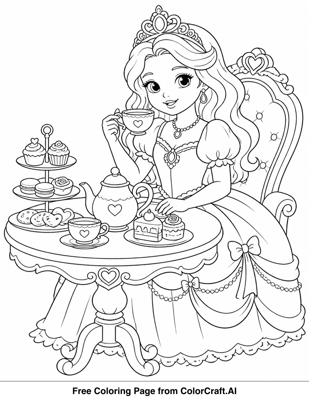 Line drawing of a princess and friends enjoying a fancy tea party with cakes and teacups.
