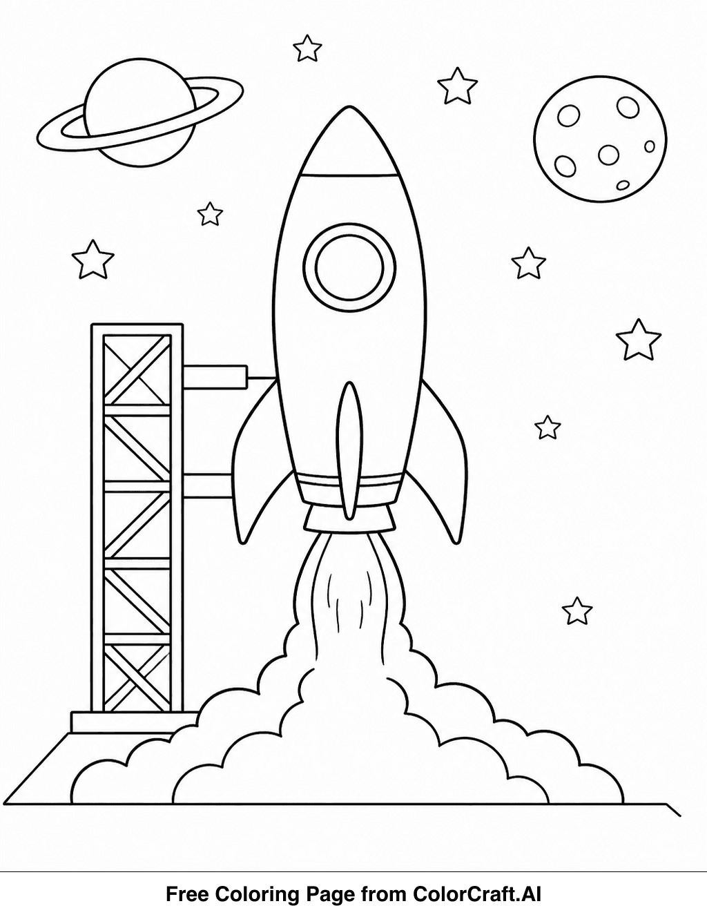 Line drawing of a cartoon rocket ship ascending from a launchpad, with stars and planets in the background.
