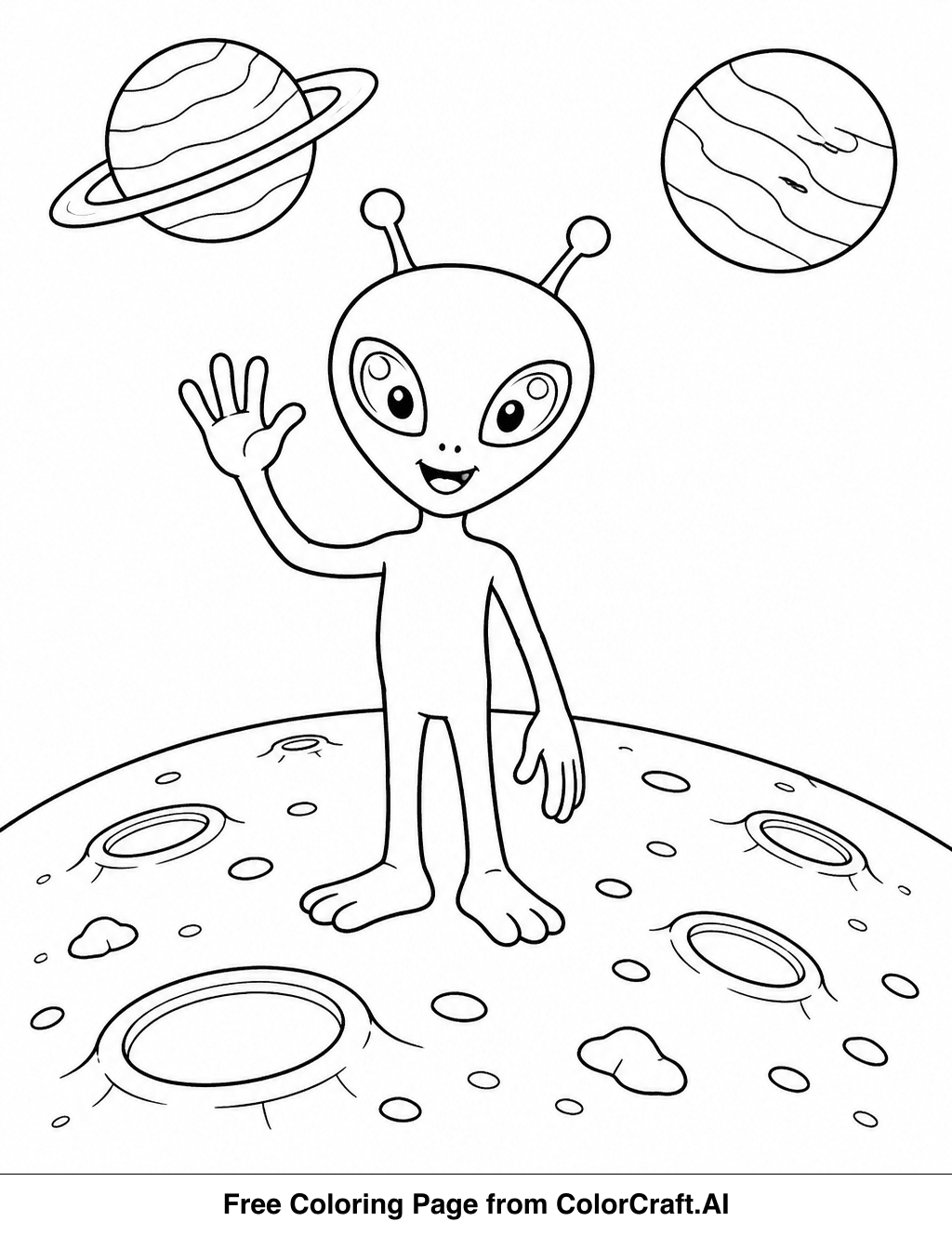 Line drawing of a friendly alien waving from a cratered moon surface, with two planets in the sky.