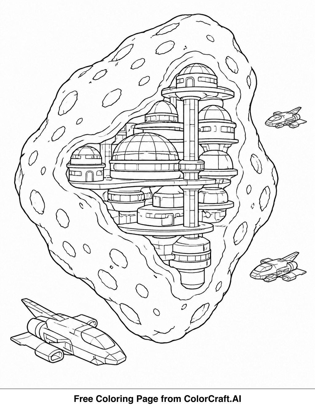 Line drawing of a futuristic space colony built into an asteroid with small spacecraft flying nearby.