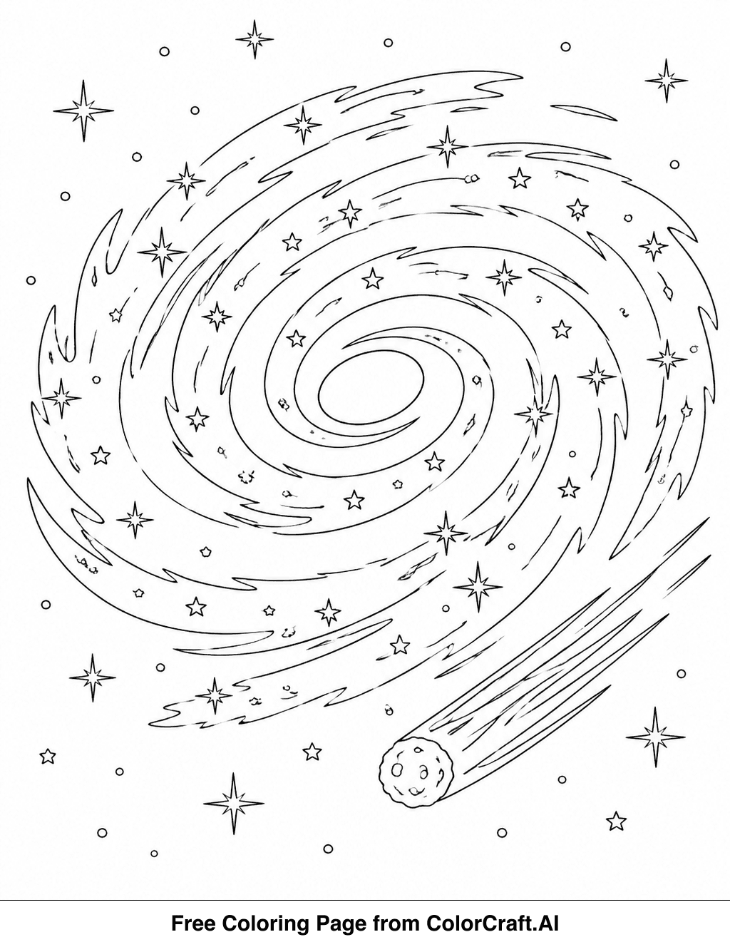 Line drawing of a spiral galaxy with swirling arms and a small comet flying through the cosmic scene.
