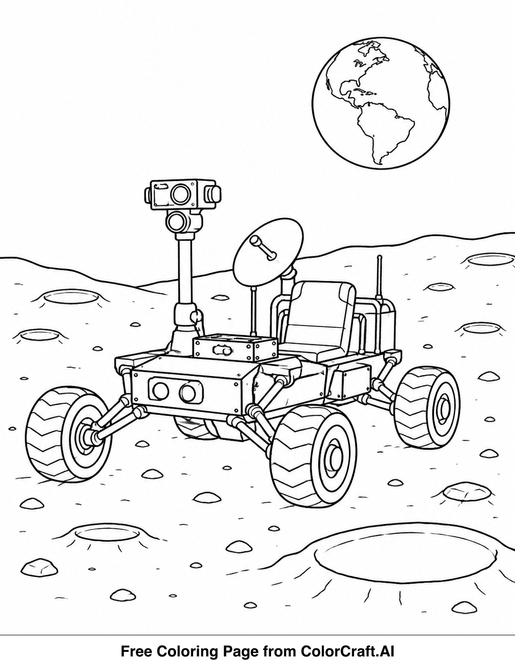 Line drawing of a lunar rover vehicle exploring the rocky, cratered surface of the moon, with Earth in the background.