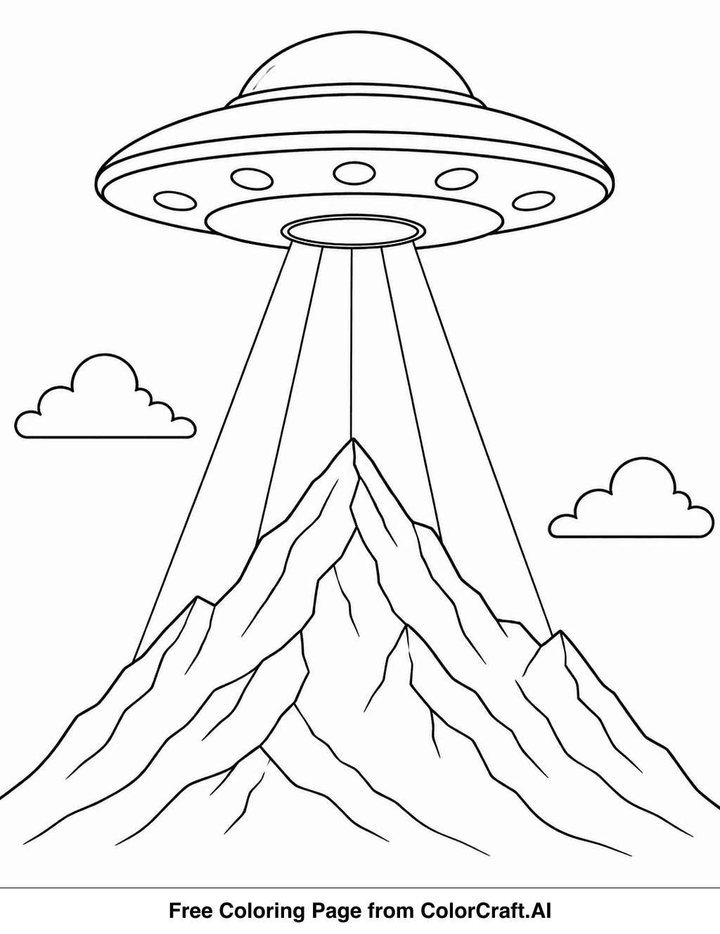 Line drawing of a UFO ship hovering above a mountain peak at night with light beams.