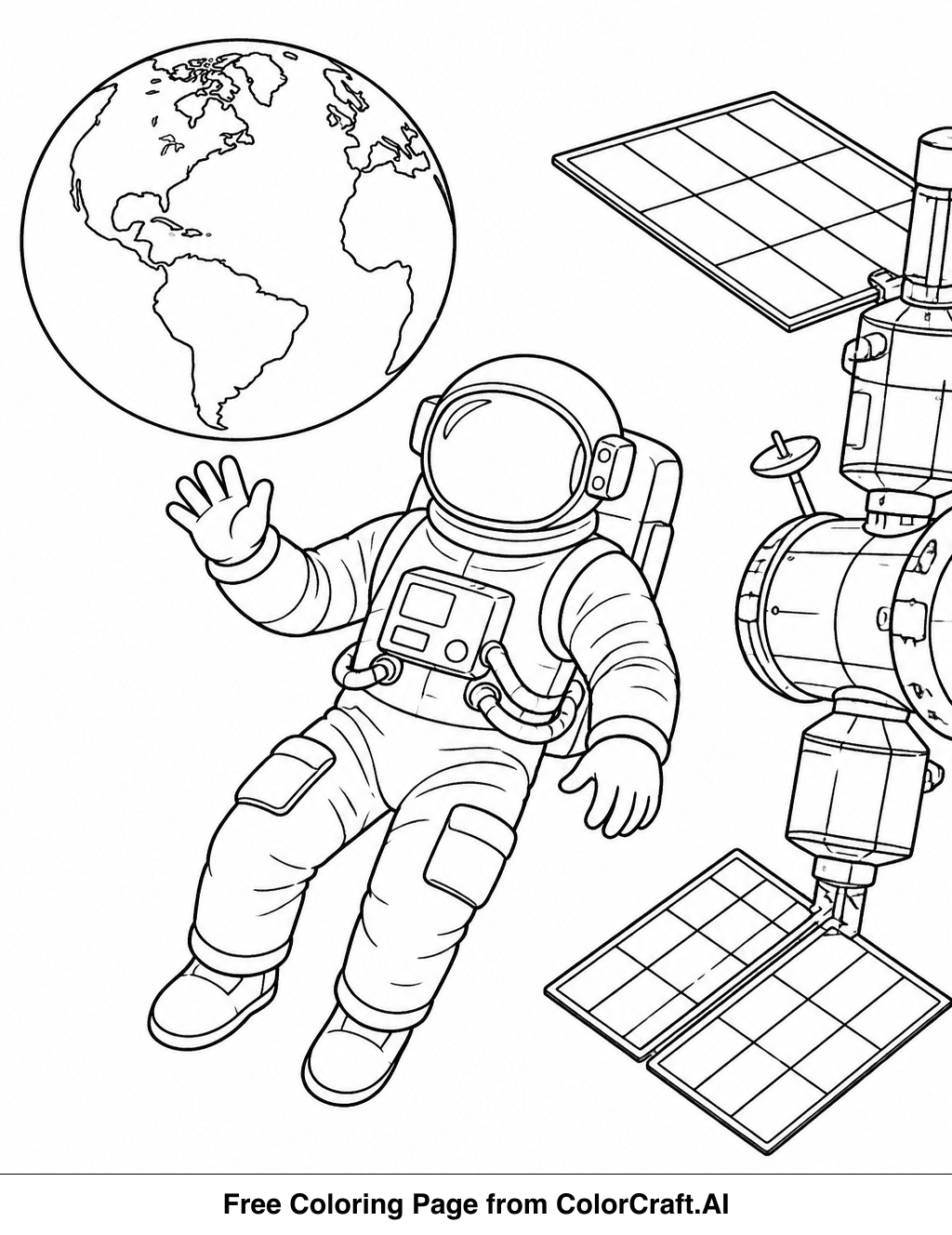 Line drawing of an astronaut floating in space next to a space station, with Earth visible.