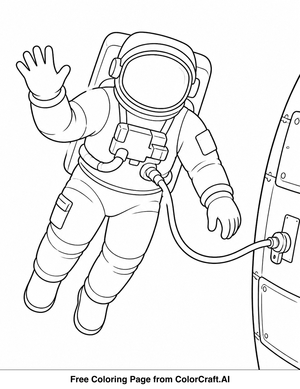 Line drawing of an astronaut in a suit, tethered, floating in space with planets and stars.