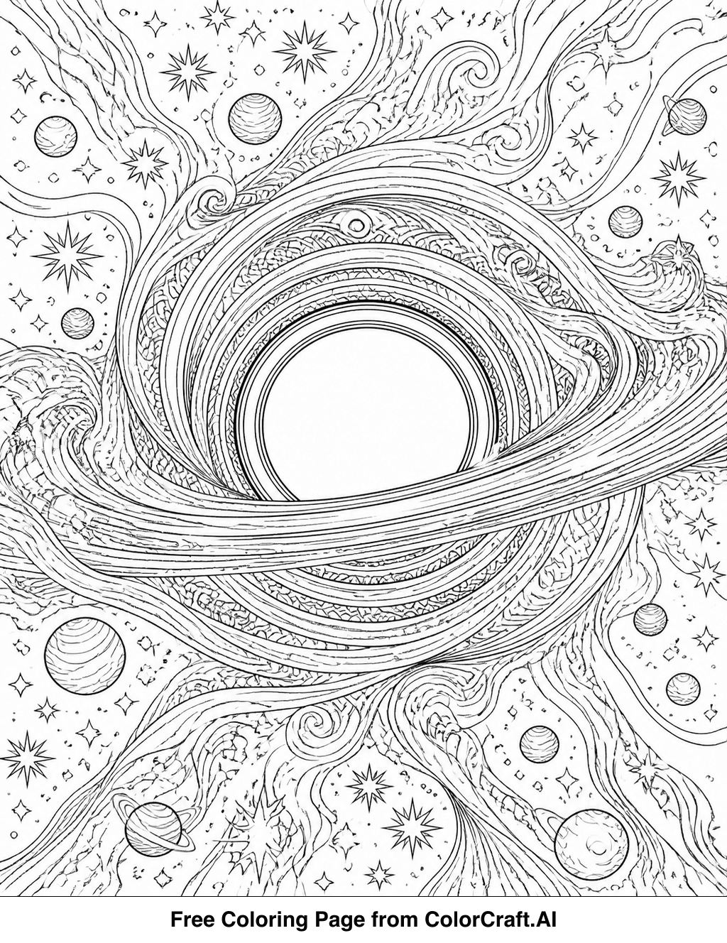 Intricate line drawing of a black hole's event horizon with swirling cosmic dust and light effects.