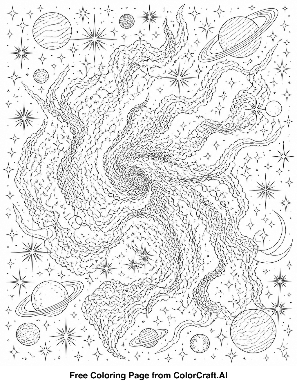 Line art drawing of a detailed cosmic dust cloud nebula with swirling patterns and stars.
