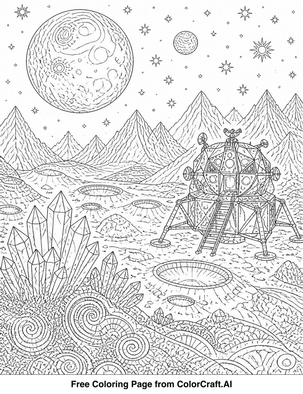 Line drawing of an intricate lunar landscape with craters, rocks, and a distant planet.