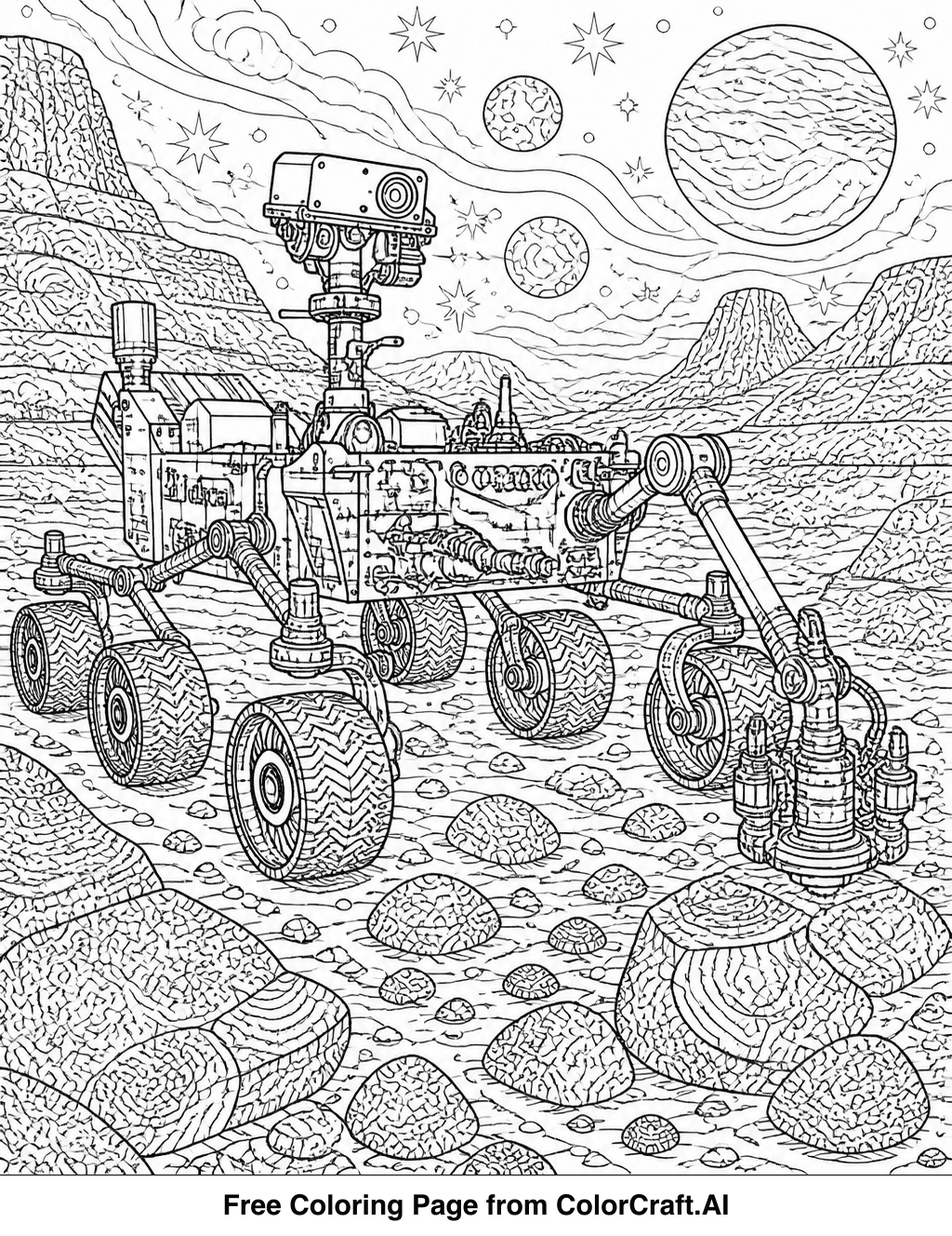 Intricate line drawing of a Mars rover exploring a rocky, alien landscape on another planet.