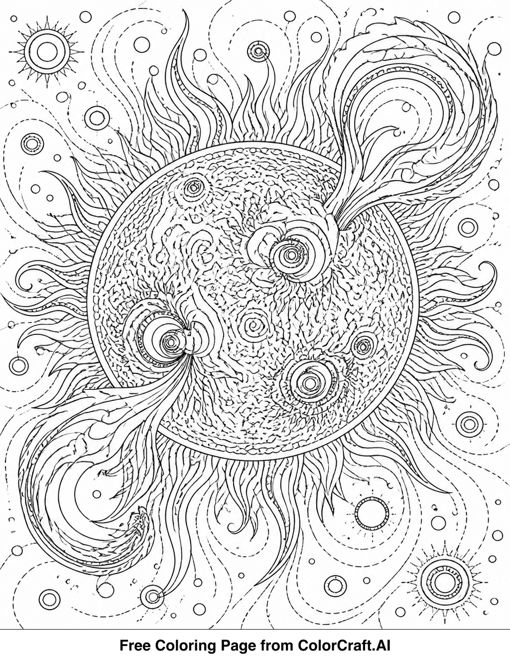 Intricate line drawing of the sun with a large solar flare erupting outwards, showing energetic activity.