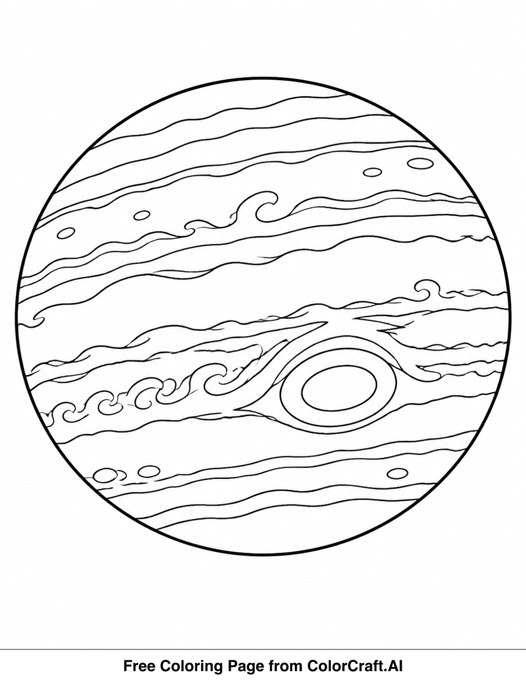 Line drawing of the planet Jupiter with its Great Red Spot, suitable for coloring.