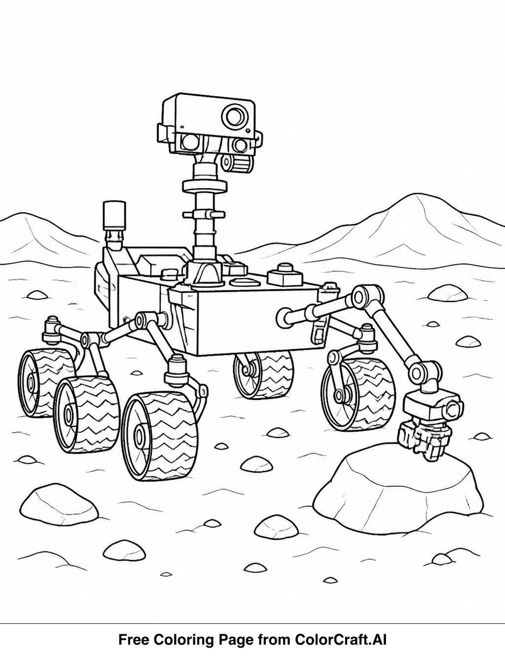Line drawing of a Mars rover vehicle exploring the rocky terrain of the planet.