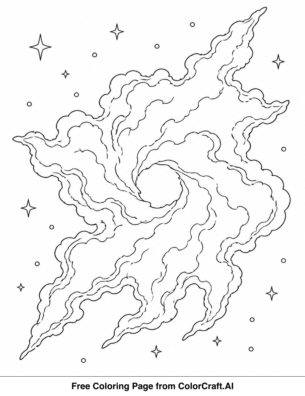 Line drawing of a beautiful nebula cloud formation in outer space with stars, ready for coloring.