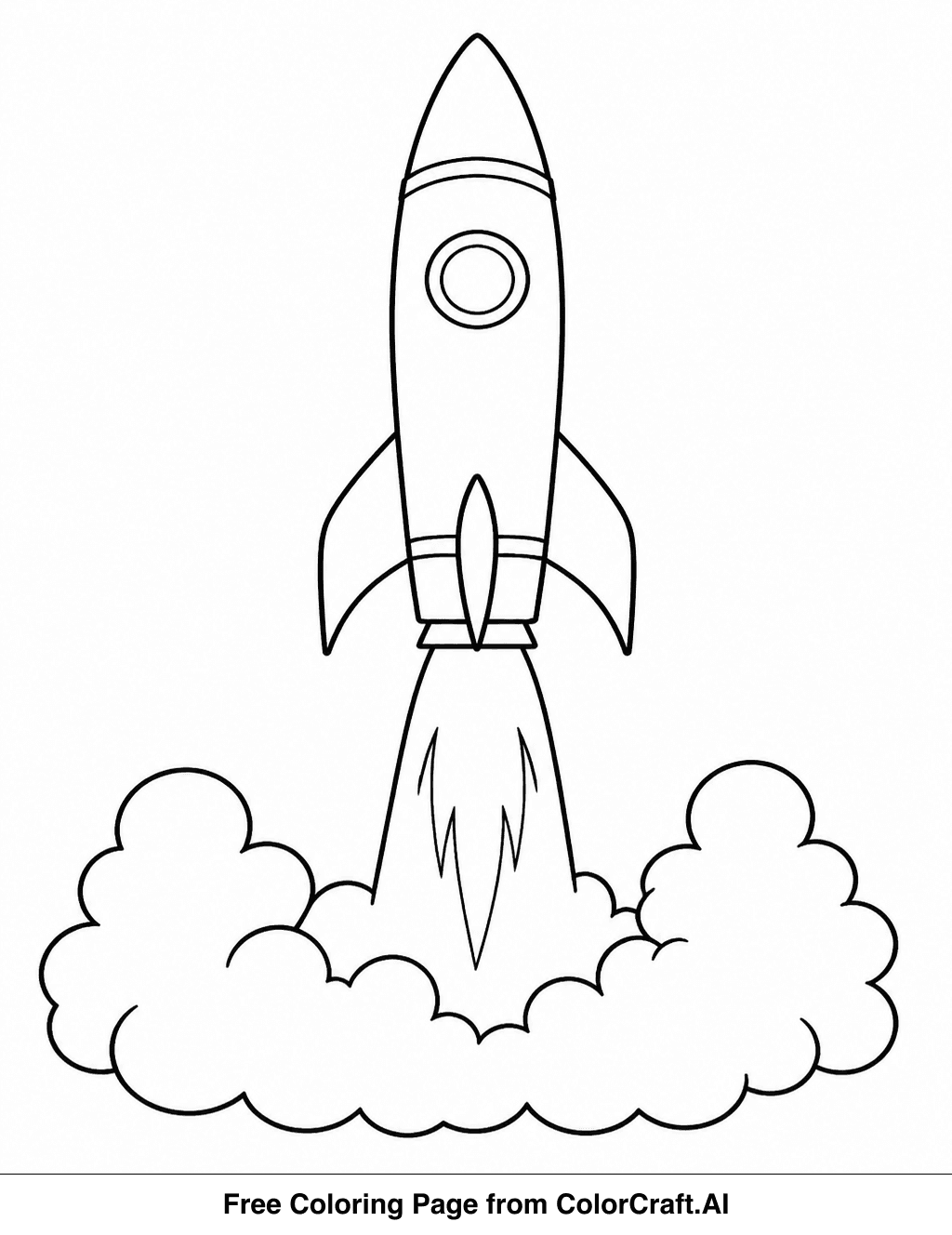 Line drawing of a rocket launching upwards from a platform with smoke billowing out.