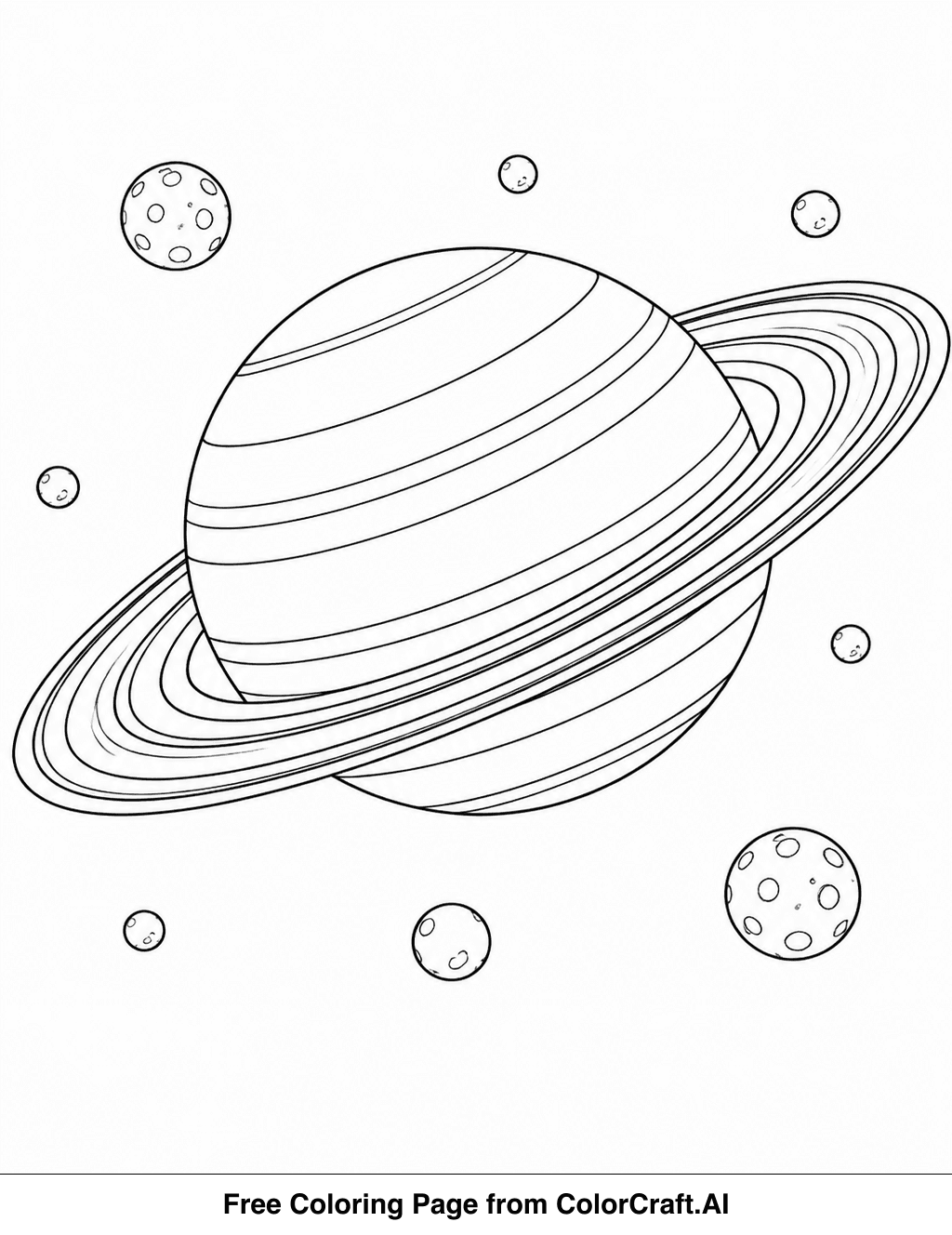 Line drawing of the planet Saturn showing its detailed rings and several small moons in orbit.