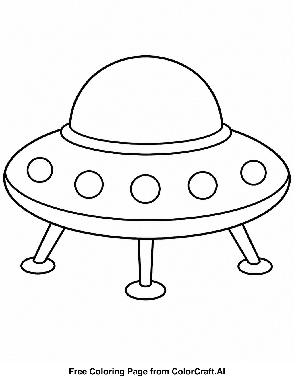 Simple line drawing of a cartoon alien spaceship with a round body and windows.