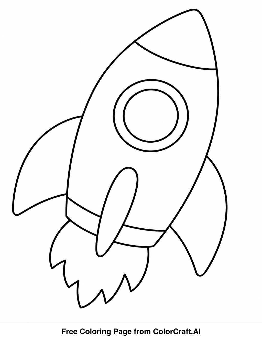 A simple line drawing of a rocket ship with fins and a pointed nose, ready for coloring.