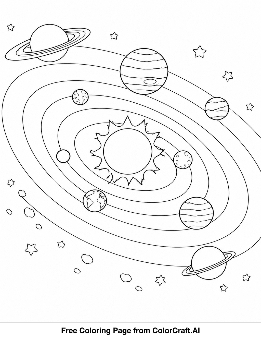 Line drawing of the solar system with planets, sun, and stars for a coloring activity.