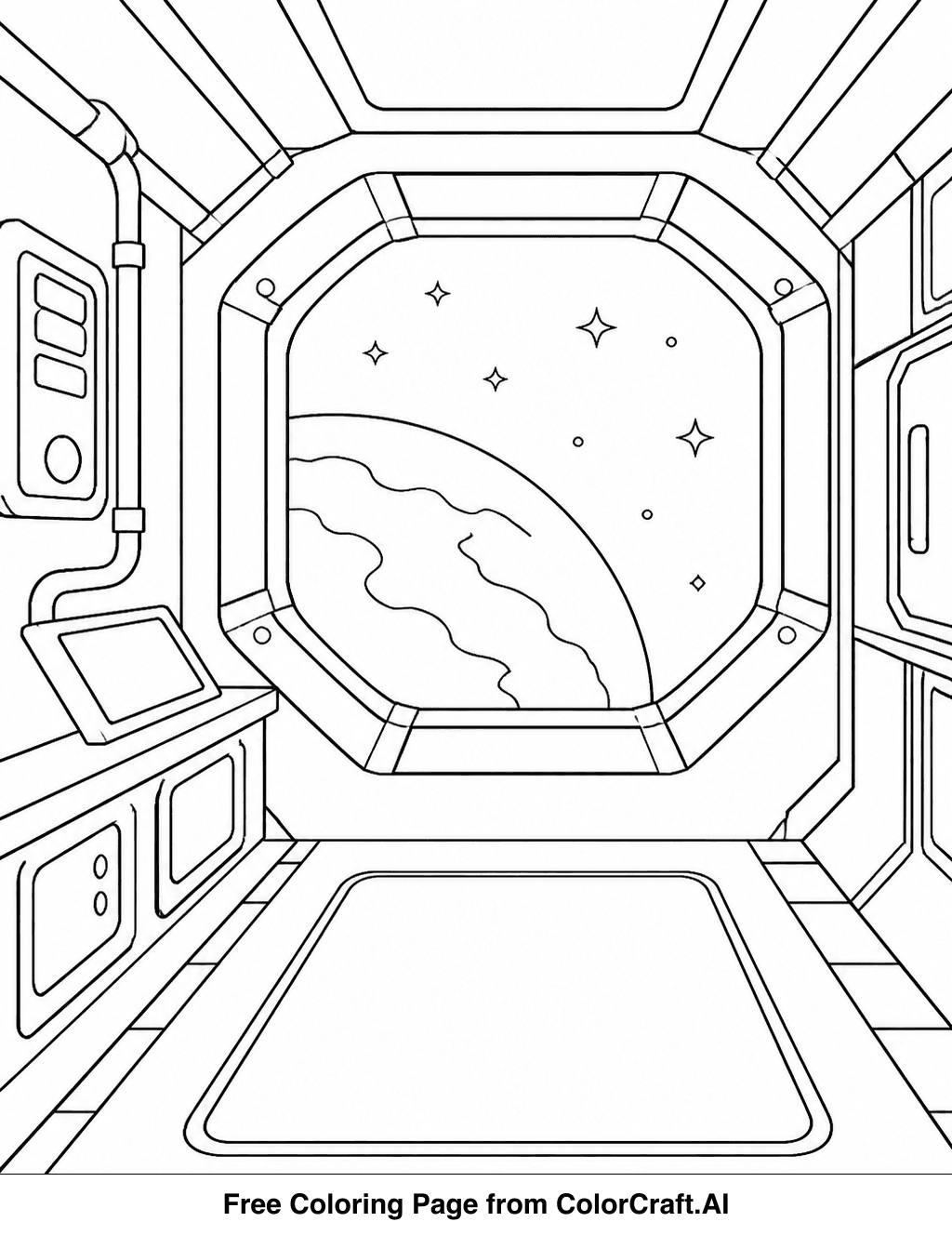 Line drawing of a detailed space station interior with control panels, screens, and equipment for astronauts.