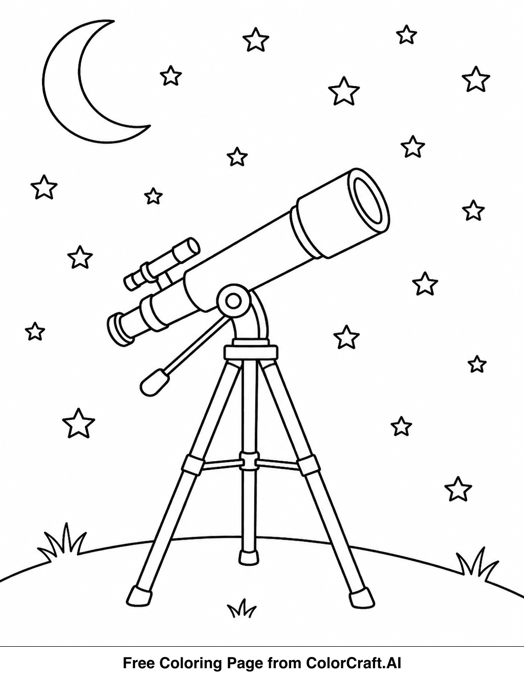 Line drawing of a person looking through a telescope at a vast expanse of stars and celestial bodies.