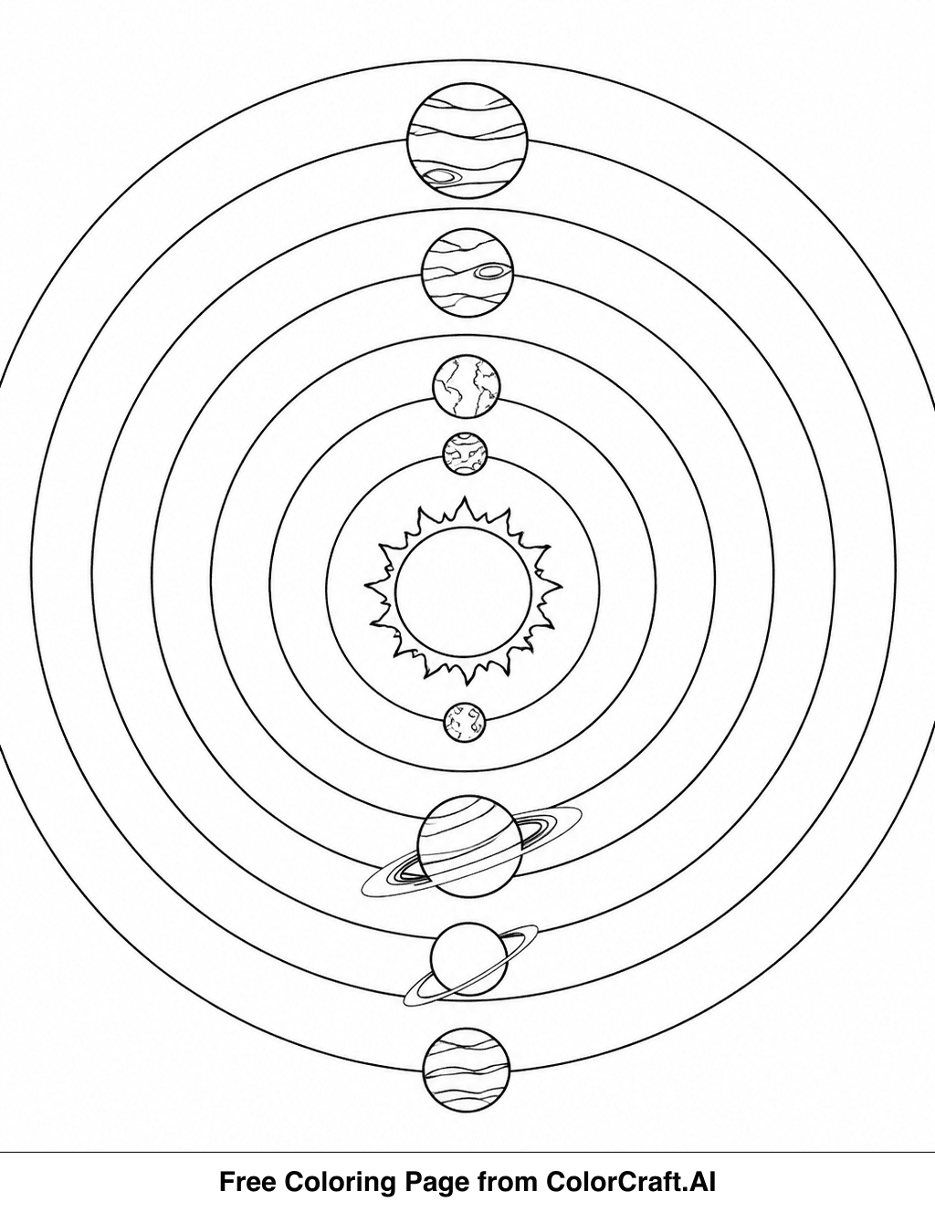 Line drawing of the sun with eight planets arranged in concentric circles around it, representing orbits.